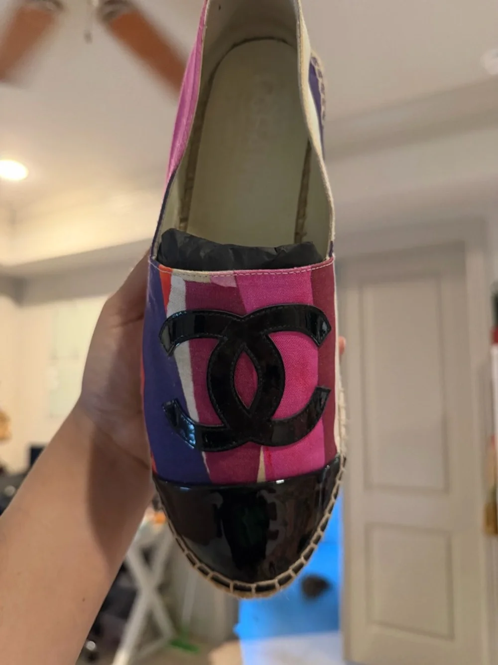 Authentic Chanel Multicolor Fabric Espadrilles Patent Black Toe Flat Size 39 - Picture 2 of 14